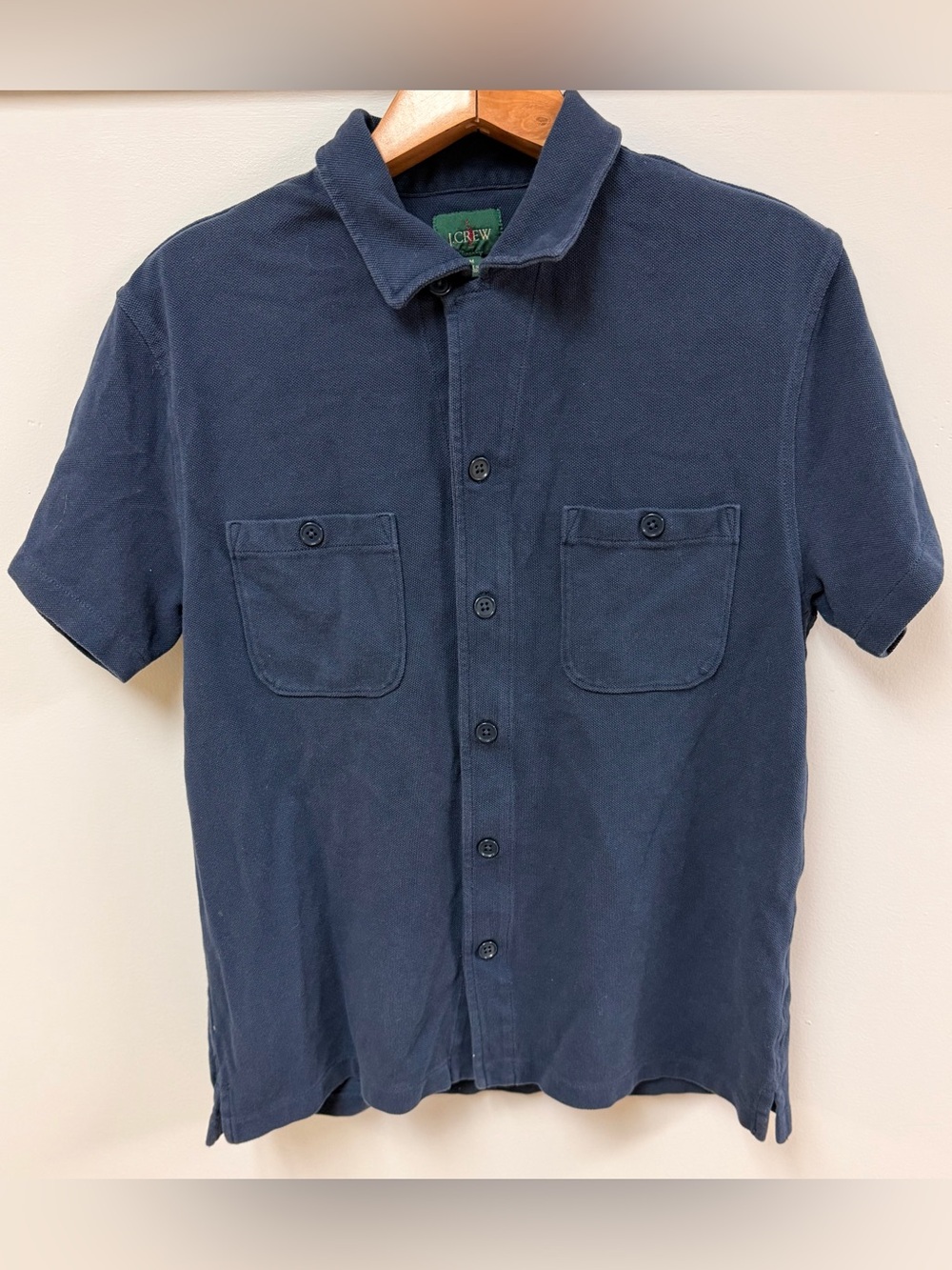 J. Crew Men's Size M Pique Knit Camp Collar Short Sleeve Button Up Shirt Blues